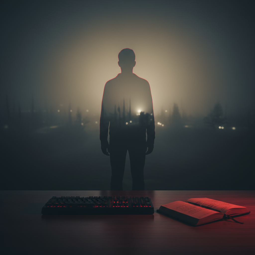 Półprzezroczysty cień postaci w mglistym tle, klawiatura z notatnikiem